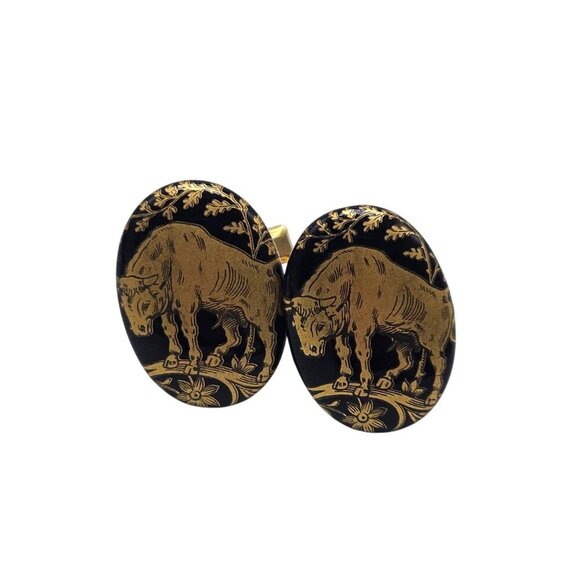 Vintage Zodiac Taurus The Bull Wrap Cufflinks Black Oval Gold Tone - Picture 1 of 4